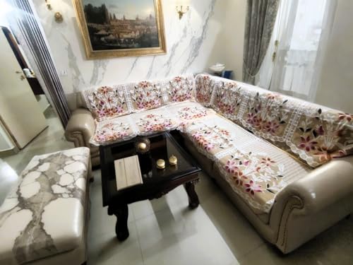 Image of Fab Nation Cotton L Shape Sofa Covers for 5 Seater Sofa Set | Sofa Slipcovers for 3 + 2 Seaters Cover Set | Beige