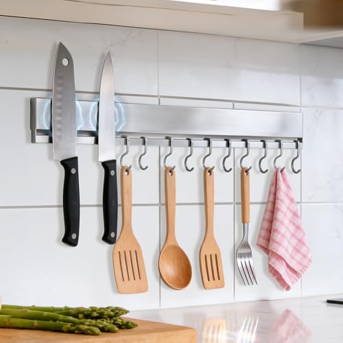 Portacoltelli Magnetico Da Parete 40 Cm, Acciaio Inossidabile, Senza Foratura, 10 Ganci, Nastro Adesivo E Viti Inclusi, Supporto Utensili Da Cucina, Organizzatore Di Coltelli Magnetico