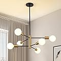 KAISITE Modern Sputnik Chandelier - 6 Light Chandelier with Height Adjustment, Black and Gold Finish for Kitchen, Bedroom and Foyer