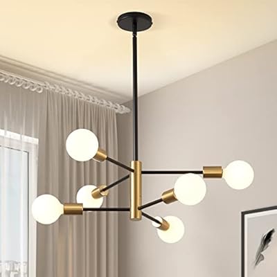 KAISITE Modern Sputnik Chandelier - 6 Light Chandelier with Height Adjustment, Black and Gold Finish for Kitchen, Bedroom and Foyer