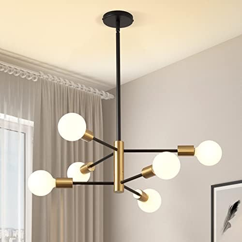KAISITE Modern Sputnik Chandelier - 6 Light Chandelier Light Fixture Height Adjustable Mid Century Ceiling Chandelier Plating Finished Black and Gold Chandelier for Kitchen Bedroom and Foyer
