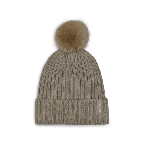 Calvin Klein Women's Faux Fur Pom Winter Beanie with Velboa Fleece Lining, Heathered Almond, One Size