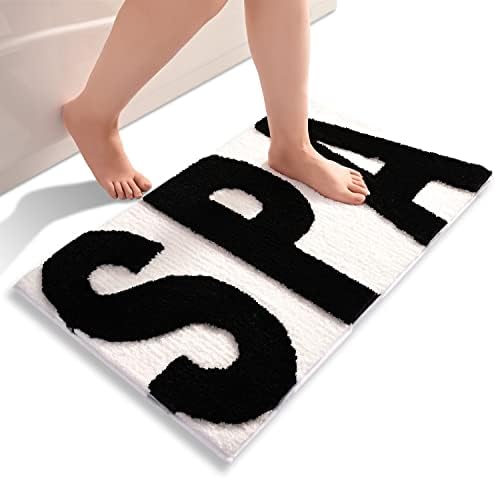 White Bath Mat 50 x 80 cm Non Slip Bath Mats for Bathroom, Super Absorbent Bathroom Rug, Soft Black Plush 3D Letters Microfiber Floor Mats, Machine Washable Carpet for Shower, Living Room, Bedroom