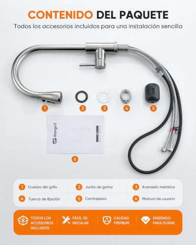 Miniatura 8 de Ibergrif M22137 Grifo Cocina Extraible Con 3 Modos, Grifo Fregadero Cocina Giratorio A 360 Grados, Cold Start, Ahorro De Energía, Acero Inoxidable