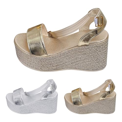Generisch Sandalias de cuña para mujer, sandalias de verano para mujer, sandalias planas cómodas, antideslizantes, suela gruesa, sandalias de playa, elegantes y bonitas, sandalias blancas, dorado, 38