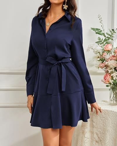 Image of Women's Long Sleeve Button Up Midi Belt Shift Collar Dress with Pockets for Work Office Business