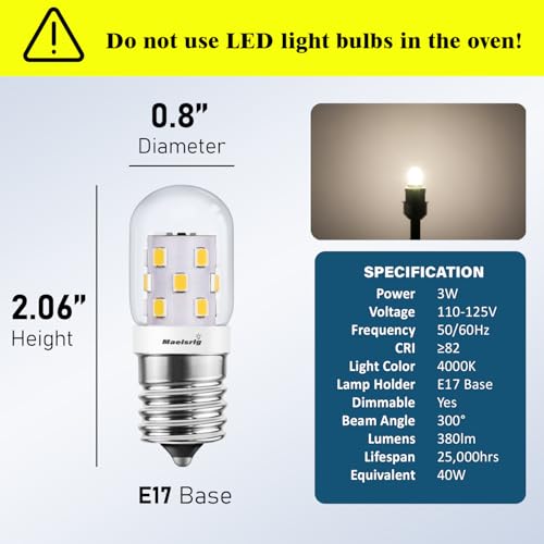 Image of Maelsrlg LED Microwave Light Bulbs Under Hood, E17 LED Bulb Dimmable for Range Hood 40W Equivalent, 3W 380 Lumens, LED Appliance Light Bulb Over Stove, Neutral White 4000K, 2 Pack