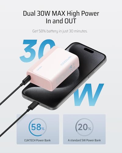 Image of CUKTECH 30W Mini Power Bank, 10000mAh Portable Charger PD3.0 Fast Charging, Dual-Charging Ports Battery Pack, Compatible with iPhone 16 /15 /14 /13 Series, Samsung S24 /S23 /S22, iPad, AirPods, etc (Pink)