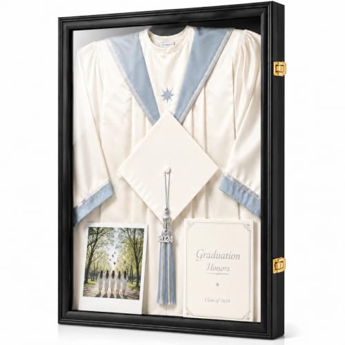 Odjaraye 17x23 Graduation Shadow Box Frame WallMounted Lockable Cap and Gown Display Case with UV-Protective Acrylic Door Holds Cap Gown Diploma Tassel Medals & Memorabilia Black