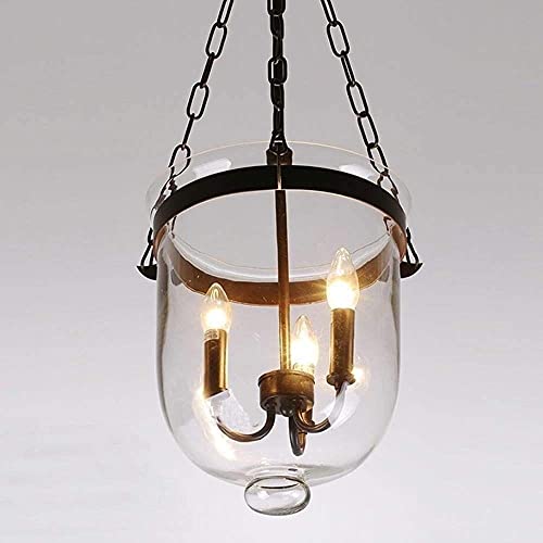 BUNCC Rustic Clear Glass Bell Jar Pendant Light, 3-Light Farmhouse Chandelier with Black Metal Chain, Vintage Semi-Flush Mount Ceiling Lantern for Foyer, Entryway, Hallway, Kitchen
