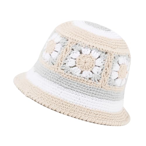Crochet Bucket Hat for Women Knit Beanies Cap Handmade Foldable Floppy Beach Hat Fashion Cute Comfy and Casual Striped Floral Checkerboard Fishing Hat