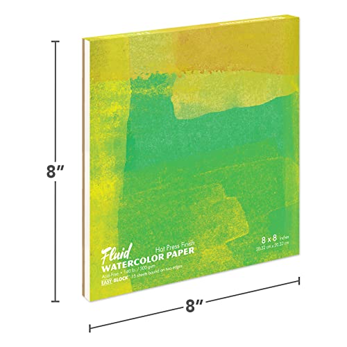 Fluid Artist Watercolor Block, 140 Lb (300 Gsm) Hot Press Paper Pad For Watercolor Painting And Wet Media With Easy Block Binding, 8 X 8 Inches, 15 White Sheets #TOP1