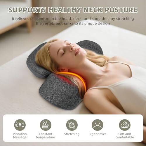 3-in-1 Neck Massager Pillow with Heat, Vibration and Cervical Traction, Ergonomic Neck Support Aid and Neck Support Pillow for Pain Relief, Deep Tissue Neck and Shoulder Massager