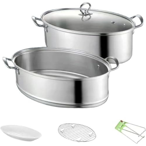 Kwueiit 蒸し魚鍋 家庭用 楕円形 多機能蒸し器 食品グレード ステンレス鋼 大容量 漏れ穴付き 持ち上げカバー シルバー