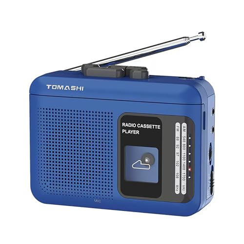 Portable Cassette Player Recorder with AM/FM Radio, Tape to USB Converter, Walkman Style, 200mW Speaker, Battery or USB Powered, 3.5mm Jack, Retro Blue
