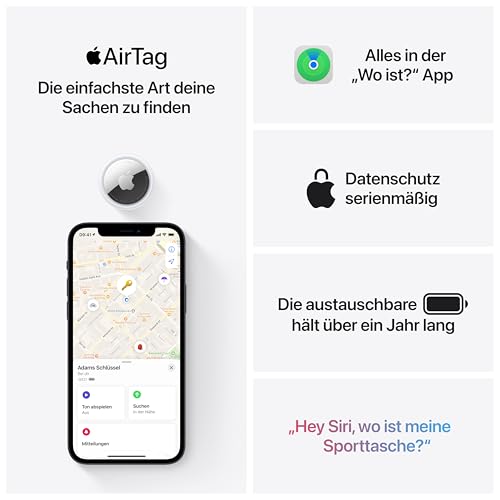 Apple AirTag - Finde und behalte Deine Sachen im Blick: Schlüssel, Geldbörsen, Gepäck, Rucksäcke und mehr. Einfaches Einrichten mit iPhone oder iPad. Austauschbare Batterie