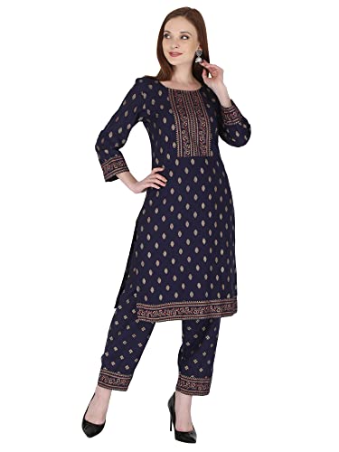Image of Women's Rayon Printed Kurta with Palazzo Set (Small, Blue Palazzo Set)