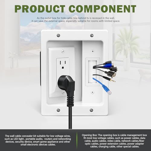 Wall Cable Concealer Management Kit, Recessed Outlet Behind TV for Wall Mount TV with Cable Management Box, in Wall TV Connection Kit Hides Power Cables & Low Voltage Wires Fits All Plugs (NO Wire) by doufuhua - Image 6