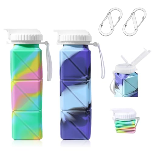 KunpengZen 2Pcs Folding Water Bottle,Reusable Portable Leak Proof Grade Silicone Water Bottle with Carabiner,Straw Collapsible Bottle for Travel Gym Sports Hiking Trip and Camping Driving 620ML