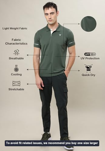 Image of TECHNOSPORT Men's Solid Slim Fit Polo Collar T-Shirt TECHNOCOOL+ Half Sleeve Button Polyester for Gym Running Workout UPF50+ Anti Odour