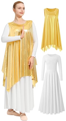 MOLLDAN 2-Piece Praise Dance Dresses for Women Long Sleeve Liturgical Worship Dancewear Church Dance Dress(23855-07-0425-13-S) Metallic-White