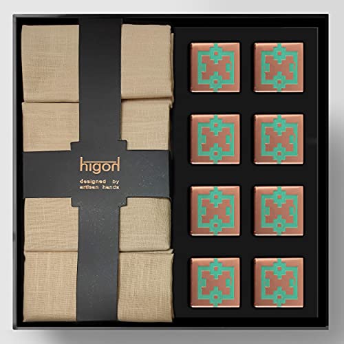 Higoh Set Of 8 Handmade 100Percent Pure Copper Decorative Napkin Rings + Beige Cloth Napkins For Family Dinners, Holidays, Weddings, In/Outdoor Parties Or Daily Use, With Patina & Exclusive Design #TOP1
