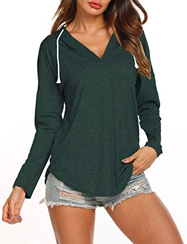 OURS Women's Long Sleeve Hooded T Shirt Deep Vneck Curved Hem Top Blouses Dark Green L