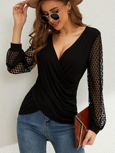 YELAIVP Long Sleeve Shirts for Women V Neck Lace Tops Dressy Business Casual Blouses Cross Wrap Sexy Tops Work Shirt2