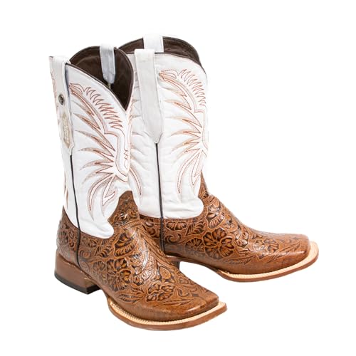 Men's Cowboy Boots Hand Tooled Print Cognac/White Top EXTRA WIDE SQUARE TOE