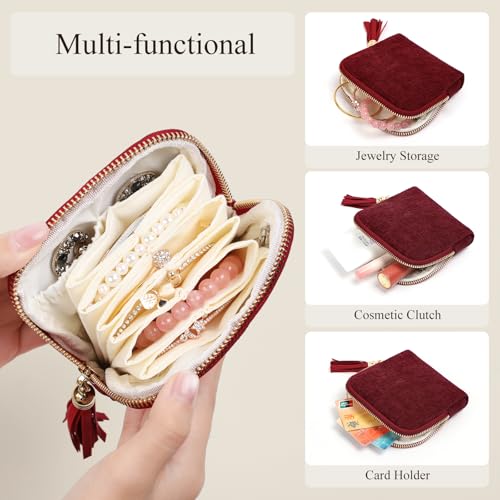 WantGor Reise Schmuck Organizer Fall für Frauen, Schmuck Box 6-Layer Beutel Taschen kleine Samt Schmuck Aufbewahrung Tasche Halskette Halter, Ring Box, Ohrringe Organizer (Burgund)