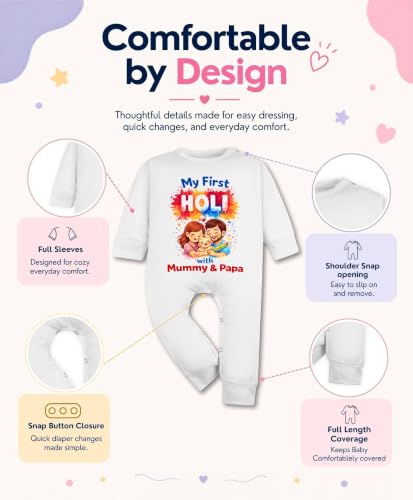 Image of ARVESA My First Holi Baby Romper for Baby Boy and Baby Girl White Cotton 0-12 Months Design No 2123 Infant My First Holi Printed Cotton Romper