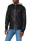 Aus hochwertigem Kunstleder TOM TAILOR Denim Herren Lederjacke mit Kapuze 1026546, 29999 - Black, S