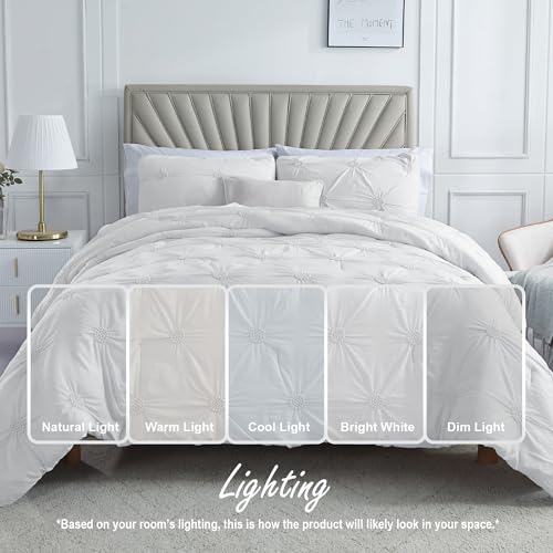 Image of Swift Home Full /Queen White Comforter Set - Ruched 3D Floral Pintuck Bedding Set - 3 Pieces Bed Linen, 1 Comforter and 2 Pillow Shams