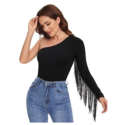 Verdusa Women's Fringe Trim One Shoulder Long Sleeve Fitted Top Black XL