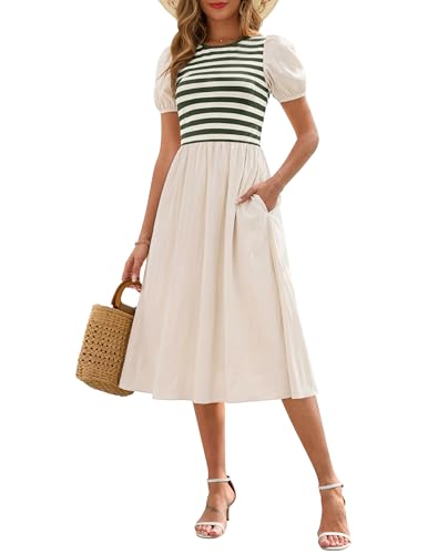 Annebouti Vestido midi de manga corta para mujer 2025 para primavera y verano, acanalado, modesto, semiformal, para profesor, casual, con bolsillos, Gris pardo negro