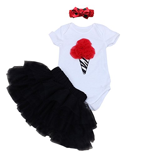 BabyPreg 3pcs bébé filles 1er anniversaire Robe Tutu Jupe Onesie Bandeau Outfit (XL / 12-18 Mois, Noir)