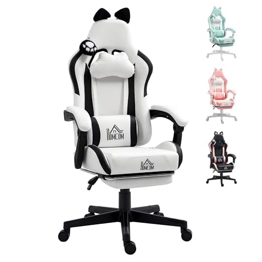 HOMCOM Silla Gaming con Orejas Silla Gamer Reclinable con Altura Ajustable Reposapiés Retráctil Soporte Lumbar y Reposacabezas Desmontable Silla para Oficina Estudio Blanco