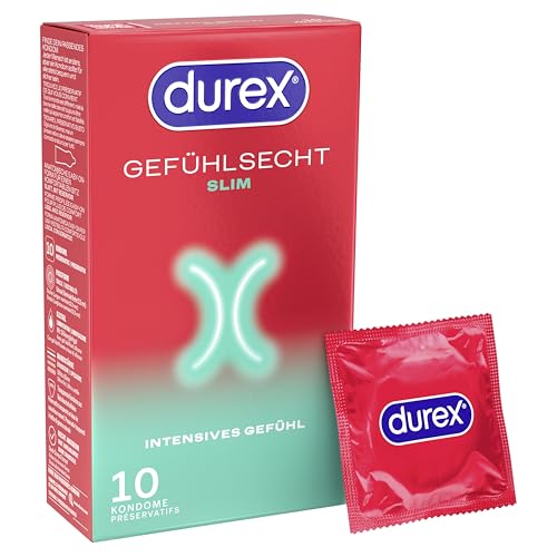 Durex Gefühlsecht Slim Kondome – Dünne Kondome mit schmaler Passform & mit Silikongleitgel befeuchtet– 10er Pack (1 x 10 Stück)