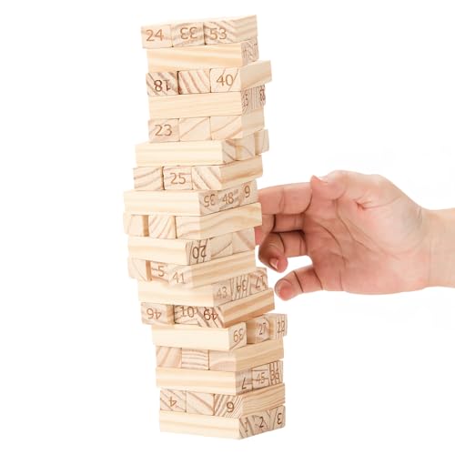 Image of Amazon Brand - Jam & Honey- 54pcs Premium Hardwood Tumbling Tower,4 Dices | Wooden Building Blocks | Stacking Tower Game |Party Game, Birthday Gift for Adults and Kids Age 6+, Multiplayers