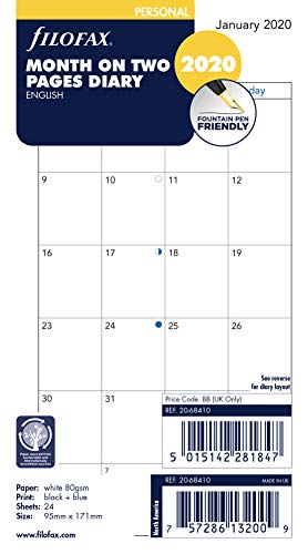 Filofax 2020 Personal/Compact Month to View Refill, Monthly, Jan 2020- Dec 2020, 6.75 x 3.75 inches (C68410-20)