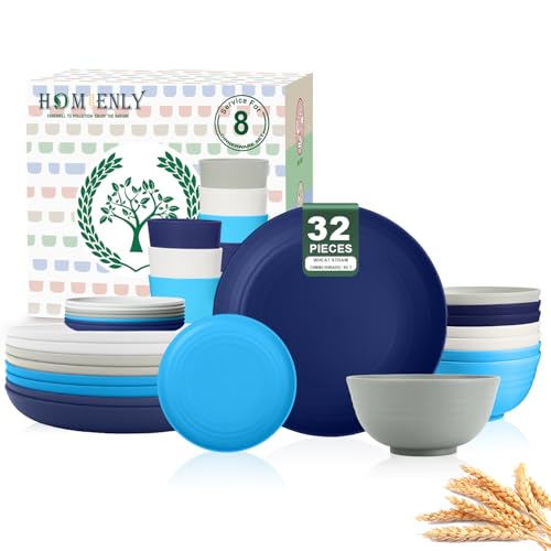 Homienly 32 PCS Plates and Bowls Sets, Unbreakable Wheat Straw Dinnerware Set, Microwave and Dishwasher Safe Dinnerware Sets, LIghtweight Dish Set for KItchen, Camping, Party - Island Series