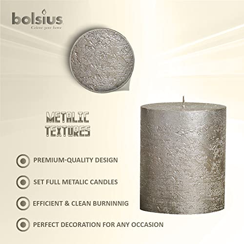 Bolsius Metallic Pillar Candles Champagne Silver - 6 Pack Bulk - 2.75 X 3.25 Inches - 30+ Hours Burn Time - Premium European Quality - Smooth & Smokeless Flame - Unscented Dripless Party Décor Candles #TOP3