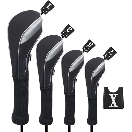 Andux 4pcs/Set Nylon Golf Wood Club Head Covers with Long Neck Black