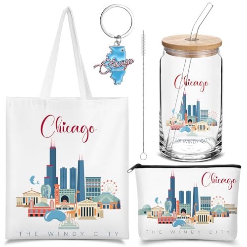 Chuangdi 4 Pcs Chicago Souvenirs Gifts Set Canvas Bag Cosmetic Bag 16 oz Tumbler and Keychain Chicago City Travel for Christmas Traveler Friend Lover Sister Gifts