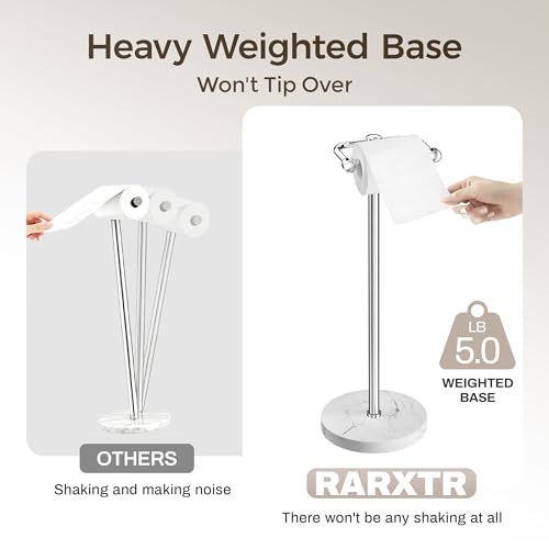 Image of RARXTR Toilet Paper Holder Stand, Bathroom Free Standing Toilet Paper Stand with Modern Marble Base, Post Pivoting Toilet Paper Stand with Stainless Steel Tissue Rack, Rust-Proof & Heavy Base(Chrome)
