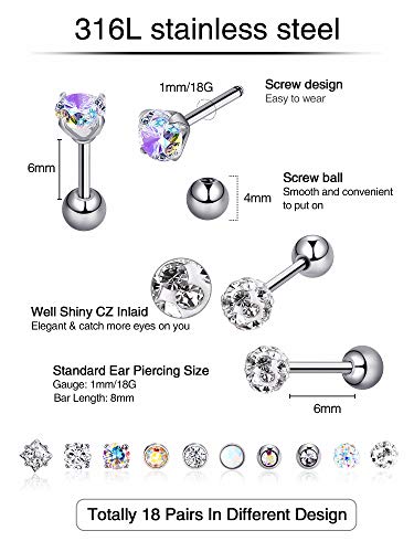 18 Pairs Stainless Steel Stud Earrings Solid Rhinestone Earring Cartilage Earrings Helix Ear Piercing Jewelry for Women Men (Steel Color, 18 G/ 1 mm with 4 mm Screw Ball)3