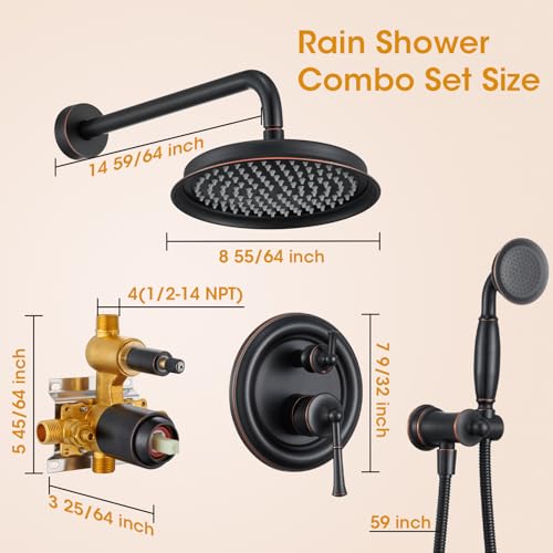Image of Antique Rain Shower Head with Handheld Spray, Oil Rubbed Bronze Rain Shower System with Rough-in Balance Pressure Valve, 9 inch Bathroom Luxury Rain Fall Shower Head Wall Mount Round, (B2312-ORB)