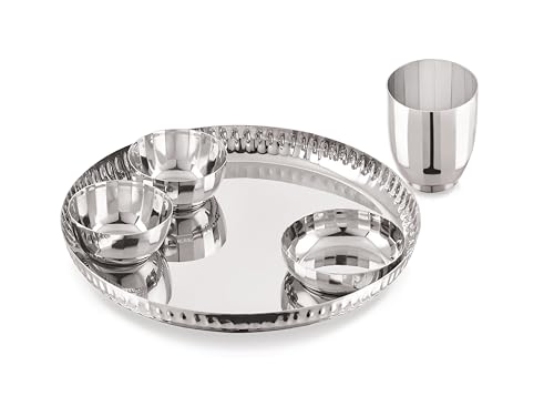 Image of TOSAA Stainless Steel Dinner Set Deluxe Classic Shape- 5 PCS Set Stainless Steel Dinner Set |Includes Plate, Curry Bowls, Side Plate, Glass & Spoon | Silver
