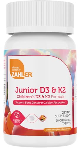 Zahler - Junior Vitamin D3 + K2 Chewable Tablets for Kids| Vitamin D for Kids 2000 IU | Delicious Vitamin D K2 Chews to Support Healthy Bones & Teeth - Kosher, Less Sugar Than Gummies (90 Count)