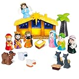 TECHTAIL Lighted Nativity Set, 17 PCS Kids Little Nativity Playset, Children Toy Nativity Figures Include Manger Baby Jesus Three Kinds Small Animals for Toddler Children Kids, Xmas Decoration